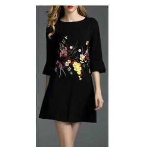 Floral Embroidered A-line Black Dan Munier Dress Size-S